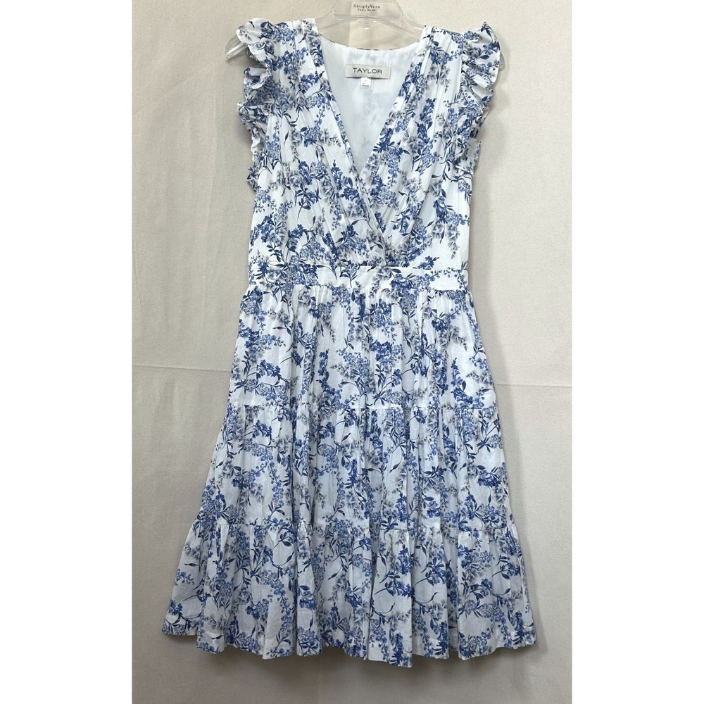 Taylor Romantic Cottage Blue Floral Cotton Tiered Midi Dress Ruffle Sleeve Sz M